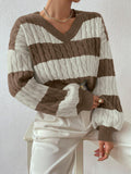 Brown & Cream Striped Cable-Knit V-Neck Sweater