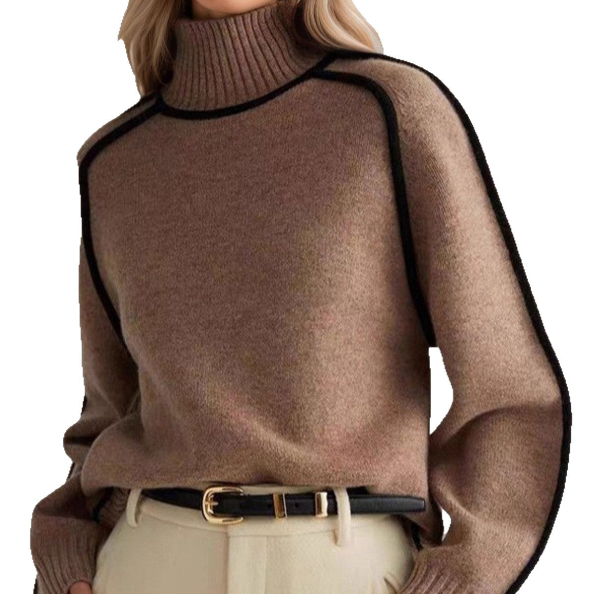 Grey Contrast-Trim Turtleneck Sweater