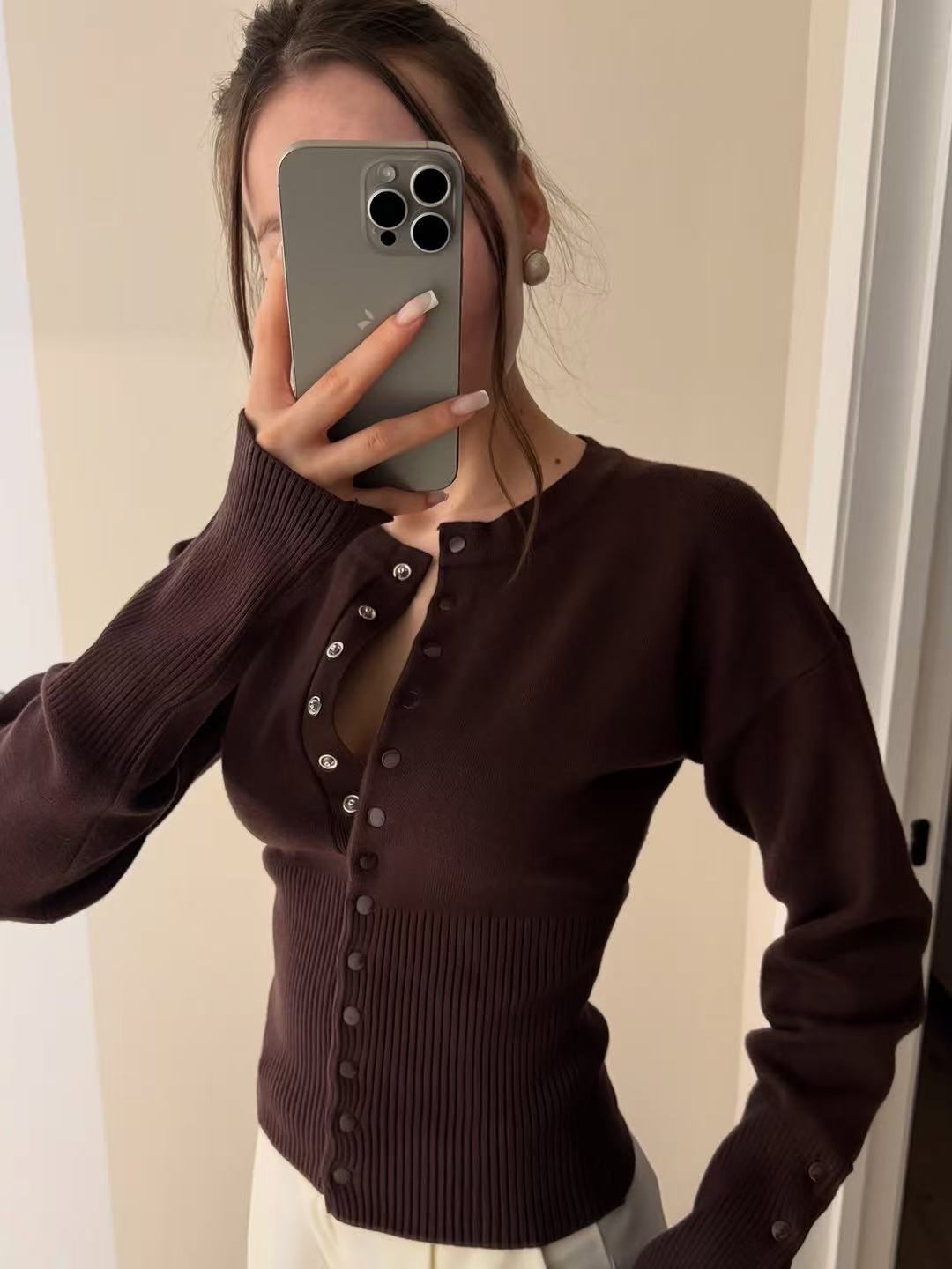 Chocolate Brown Ribbed-Waist Knit Cardigan