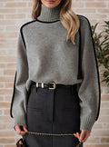 Grey Contrast-Trim Turtleneck Sweater