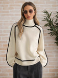 Cream Contrast-Trim Turtleneck Sweater