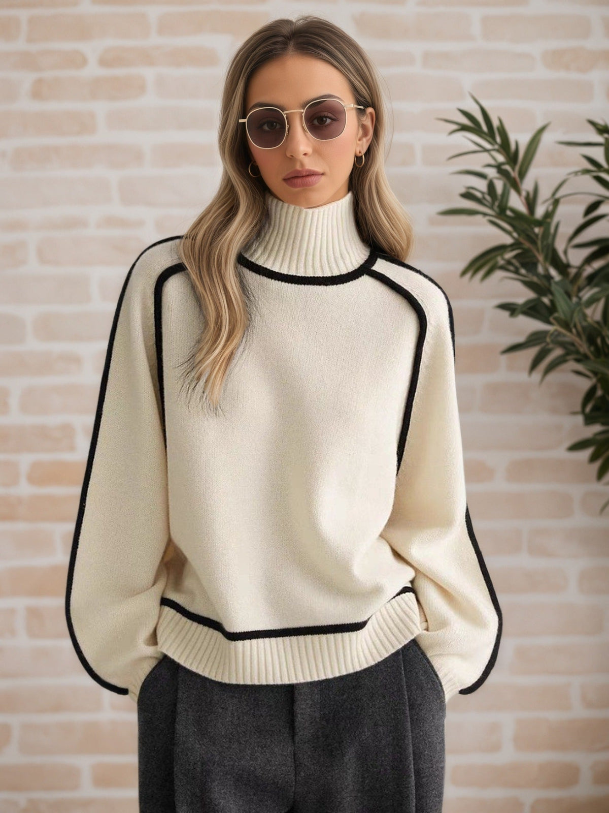 Cream Contrast-Trim Turtleneck Sweater