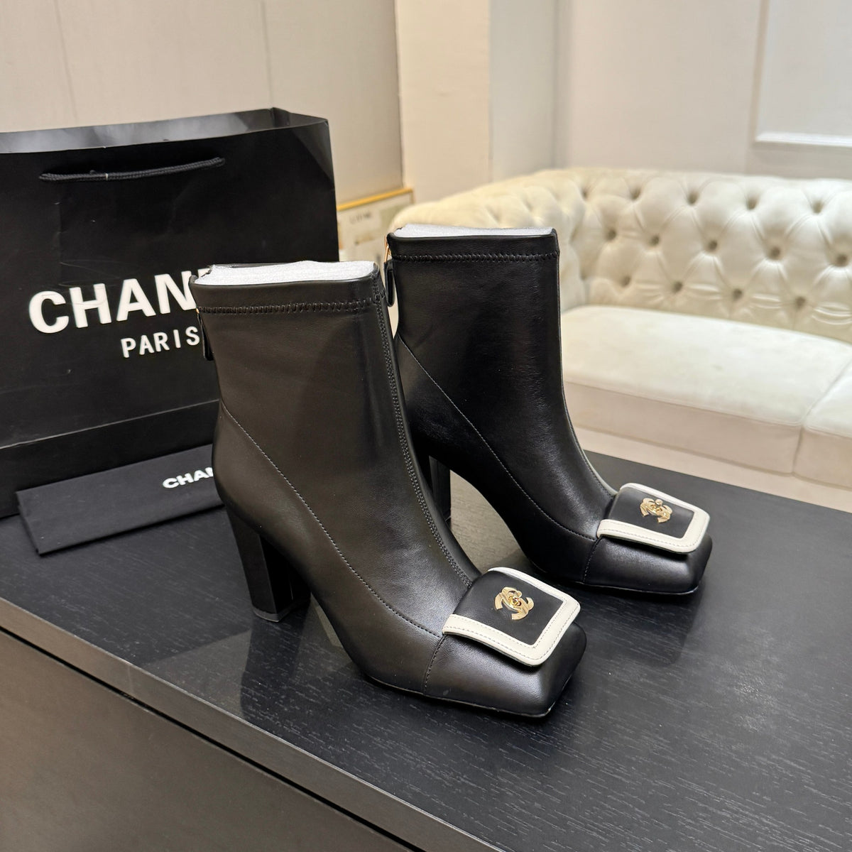 Chanel Black Logo-Embellished Heeled Ankle Boots