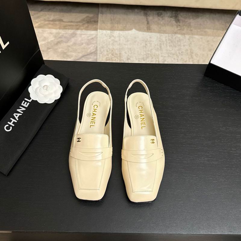 Chanel cream leather loafer slingback flats with CC logo hardware, square toe, Made in Italy
