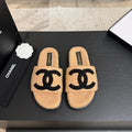Chanel Brown Textured Slide Sandals with Black Motif