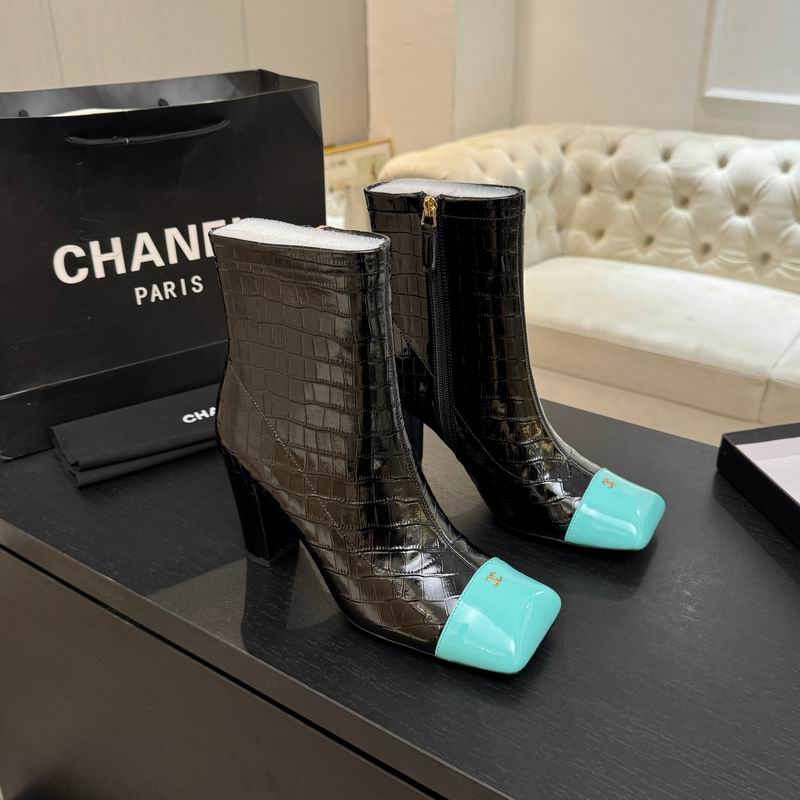 Chanel Black Croc-Embossed Ankle Boots with Turquoise Toe Caps