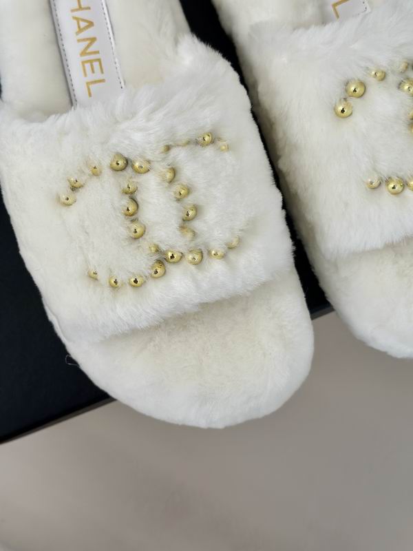 Chanel White Plush CC Slide Sandals