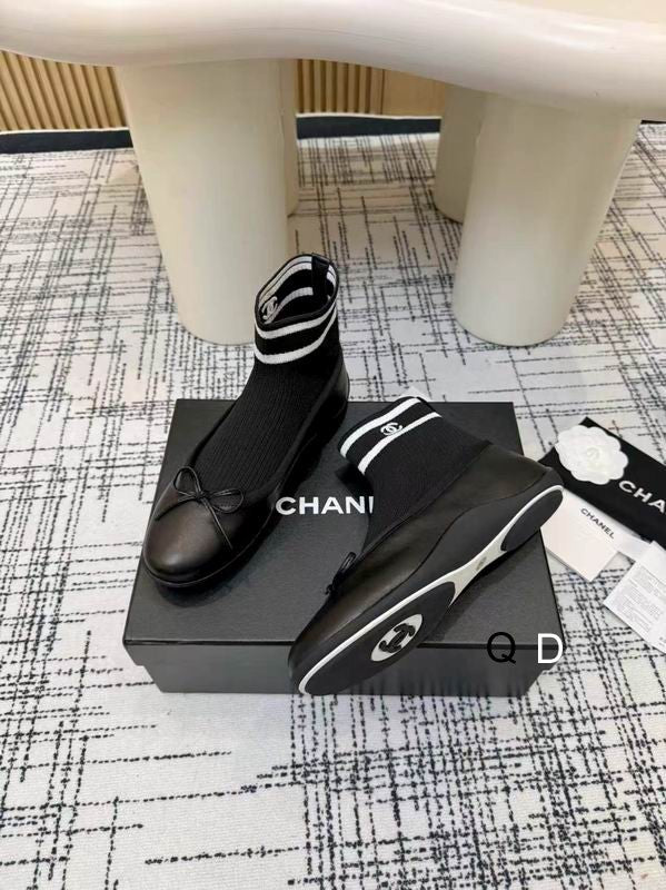 Chanel Black Knit Bow Ankle Boots with White-Striped Cuffs