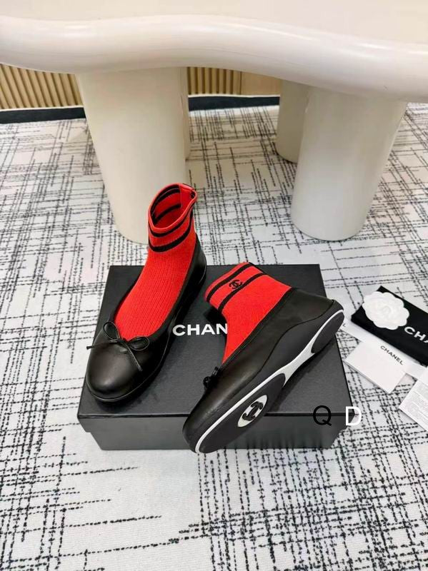 Chanel Black Knit Bow Ankle Boots with Red-Striped Cuffs