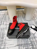 Chanel Black Knit Bow Ankle Boots with Red-Striped Cuffs