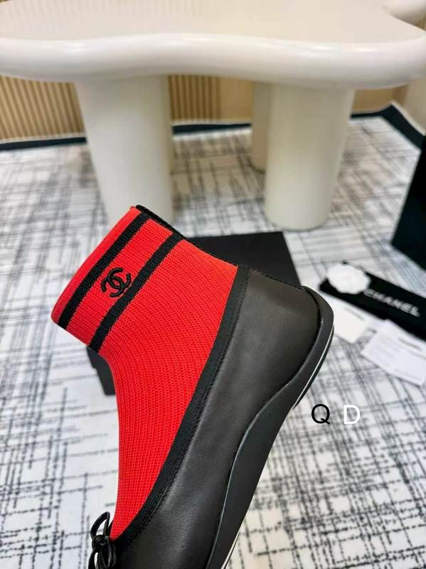 Chanel Black Knit Bow Ankle Boots with Red-Striped Cuffs