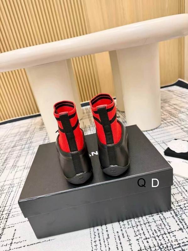 Chanel Black Knit Bow Ankle Boots with Red-Striped Cuffs