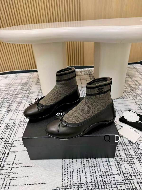 Chanel Black Knit Bow Ankle Boots with Red-Striped Cuffs