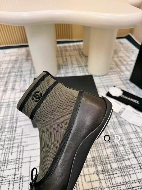 Chanel Black Knit Bow Ankle Boots with Red-Striped Cuffs