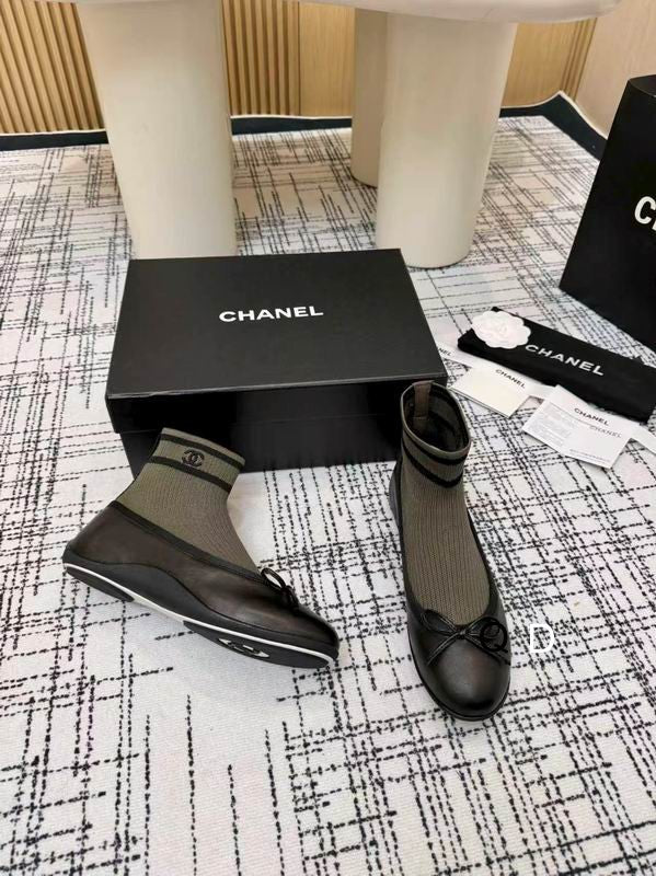 Chanel Black Knit Bow Ankle Boots with Red-Striped Cuffs