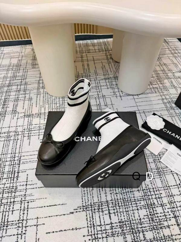 Chanel Black Knit Bow Ankle Boots with White-Striped Cuffs