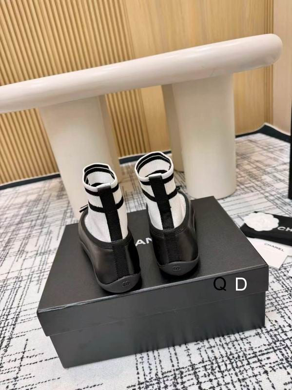Chanel Black Knit Bow Ankle Boots with White-Striped Cuffs