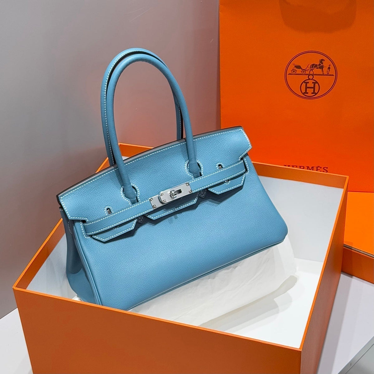 HERMES 25S SHOULDER BIRKIN 29 IN DENIM BLUE CALFSKIN SILVER HARDWARE
