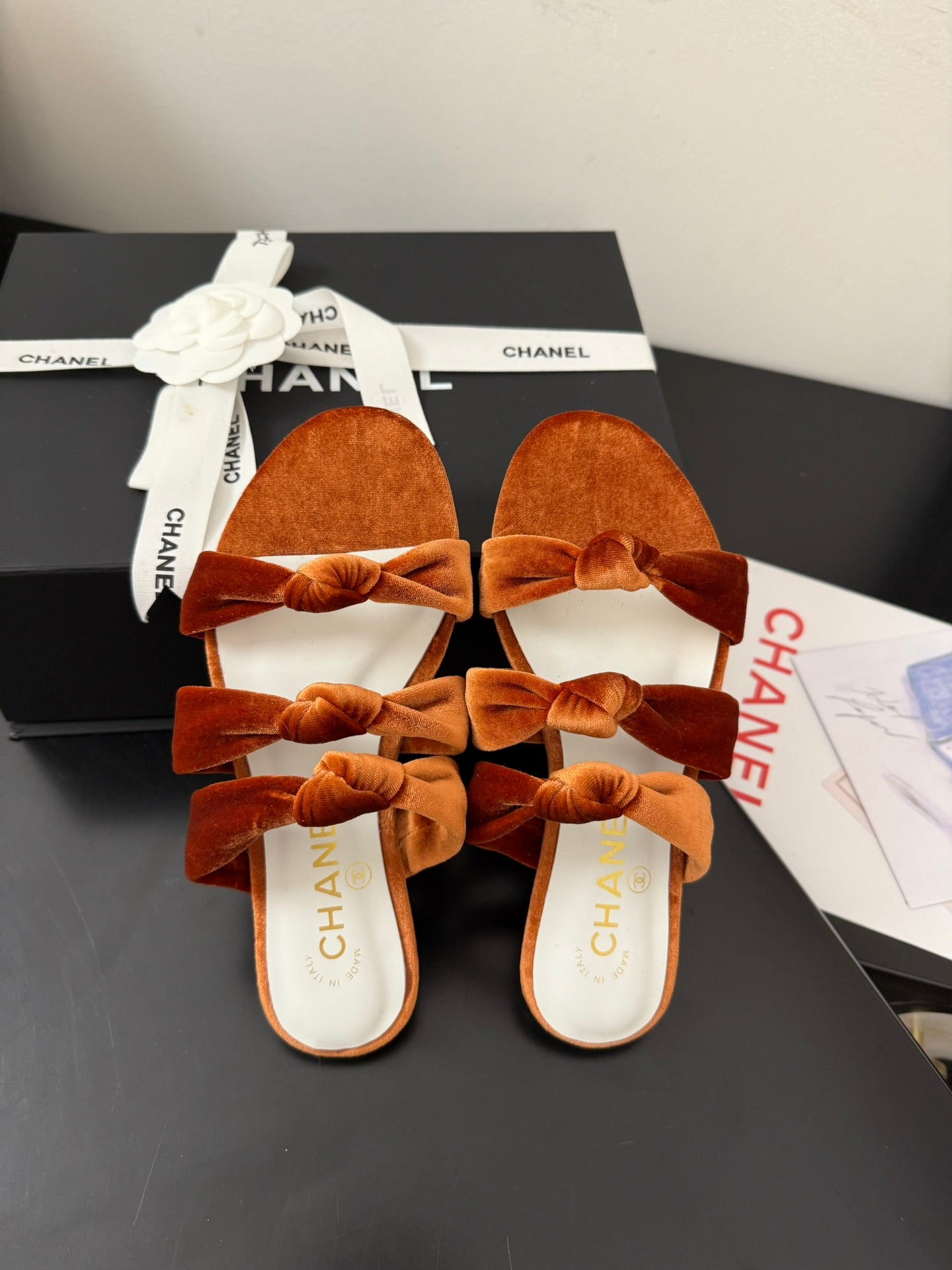 CHANEL 25C Three Strap Mule Pumpkin Velvet fabric 233560